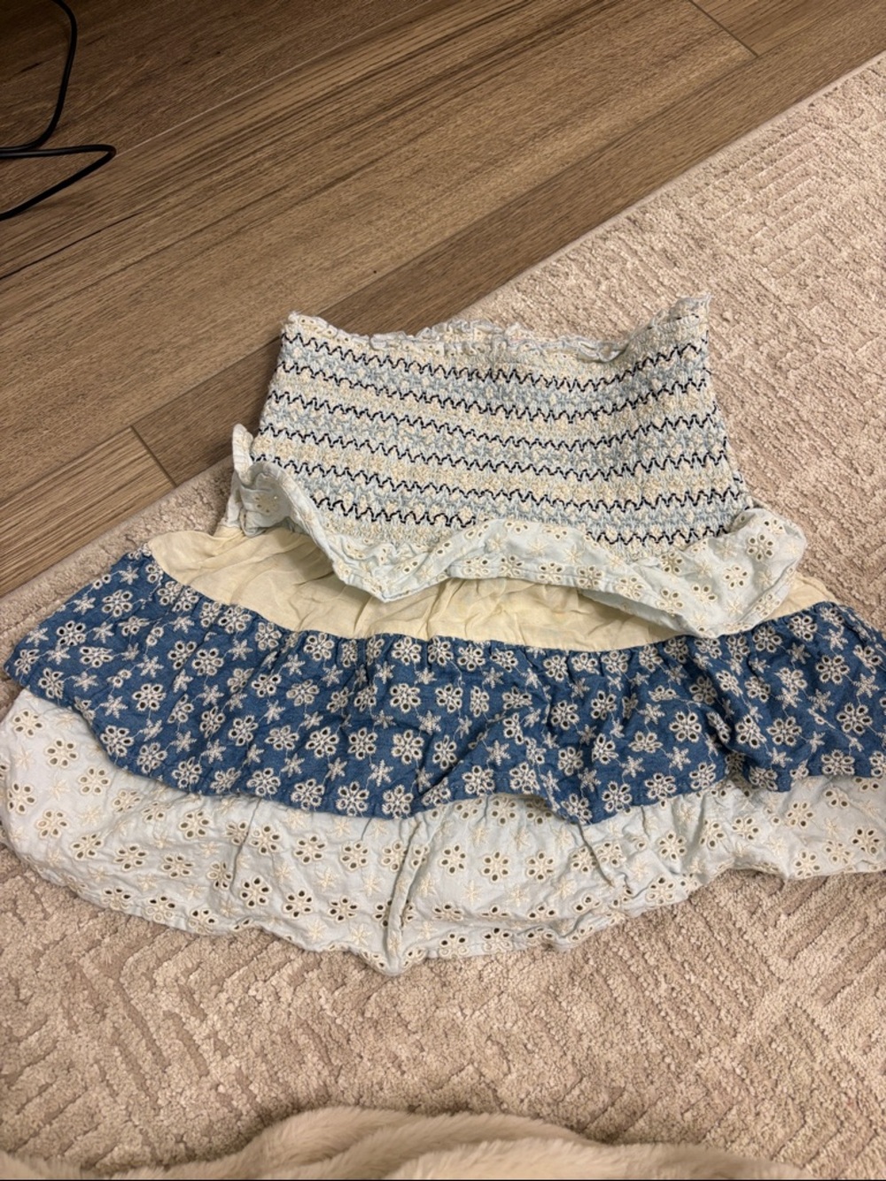 Smocked Tiered Ruffle Mini Skirt in Blue and Cream